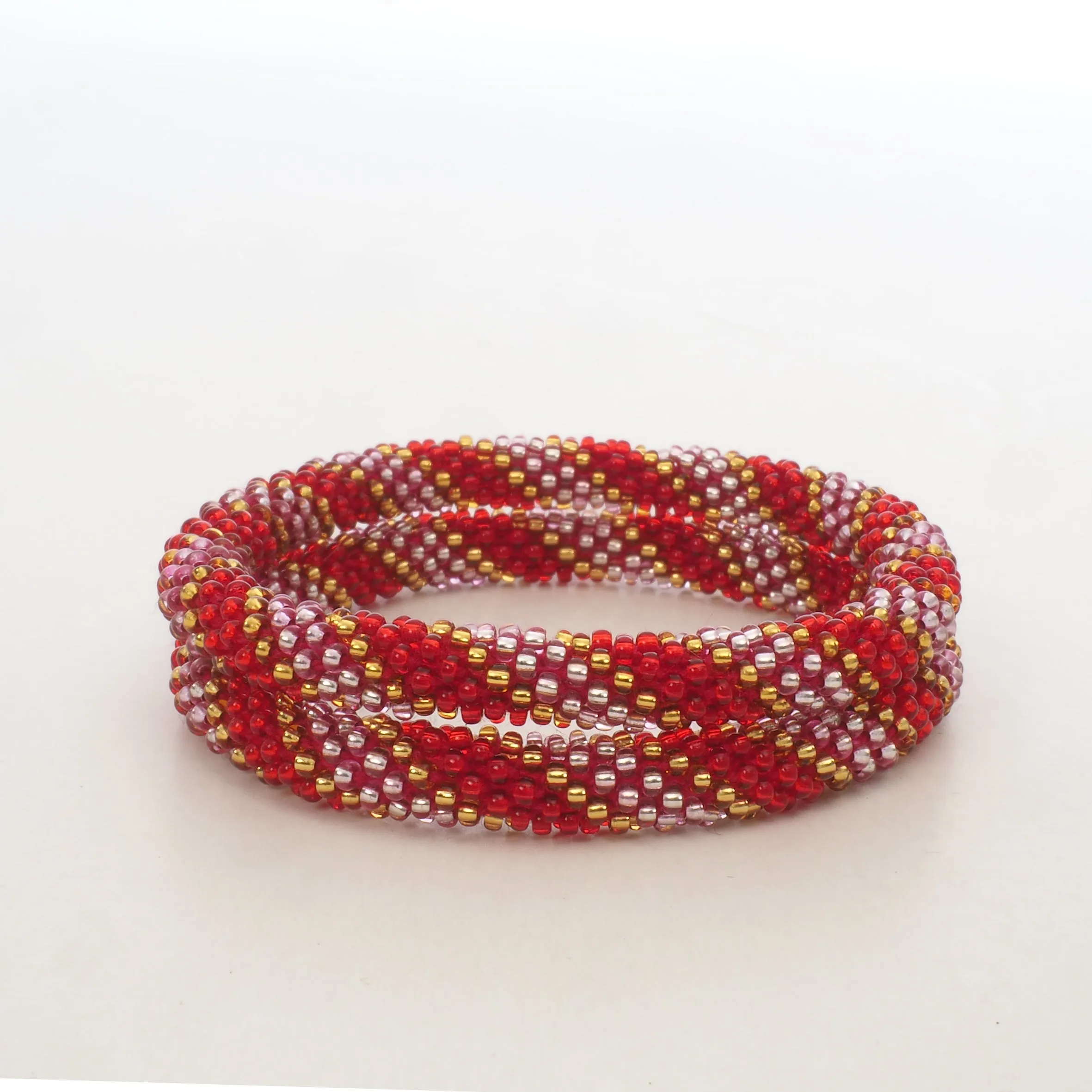 Beaded Bracelet Set - Transparent Shiny Red & Rose & Gold