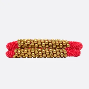 Beaded Bracelet With Brass Set - Red & Golden Power