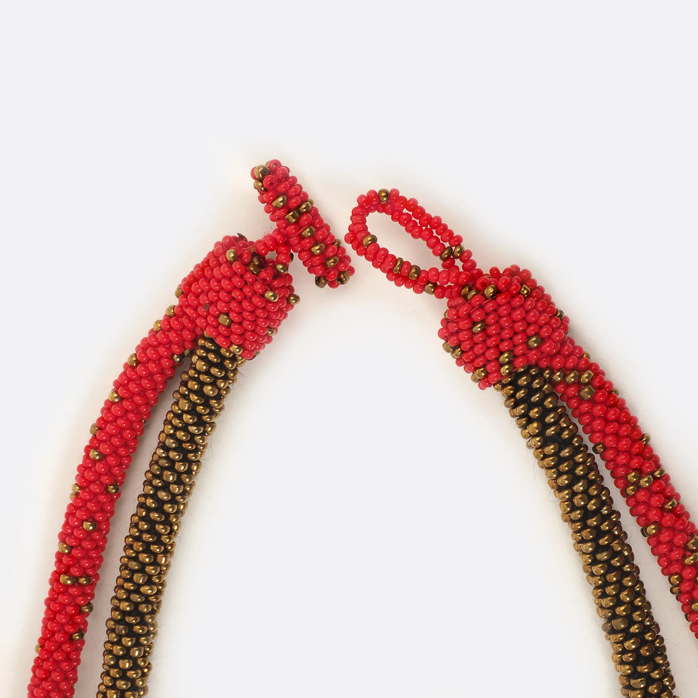 Beaded Double-String Necklace – Red With Golden Dots & Gold