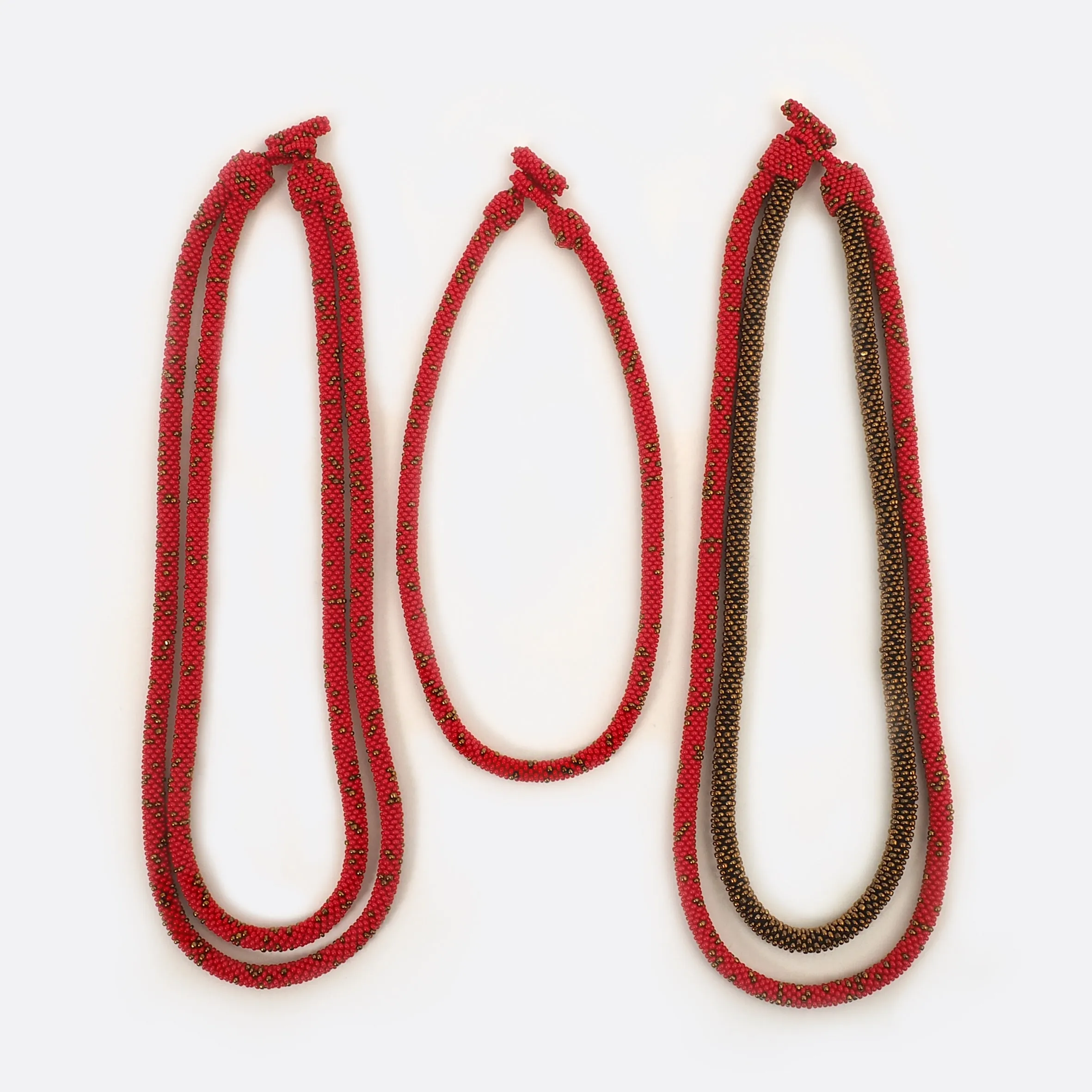 Beaded Double-String Necklace – Red With Golden Dots & Gold