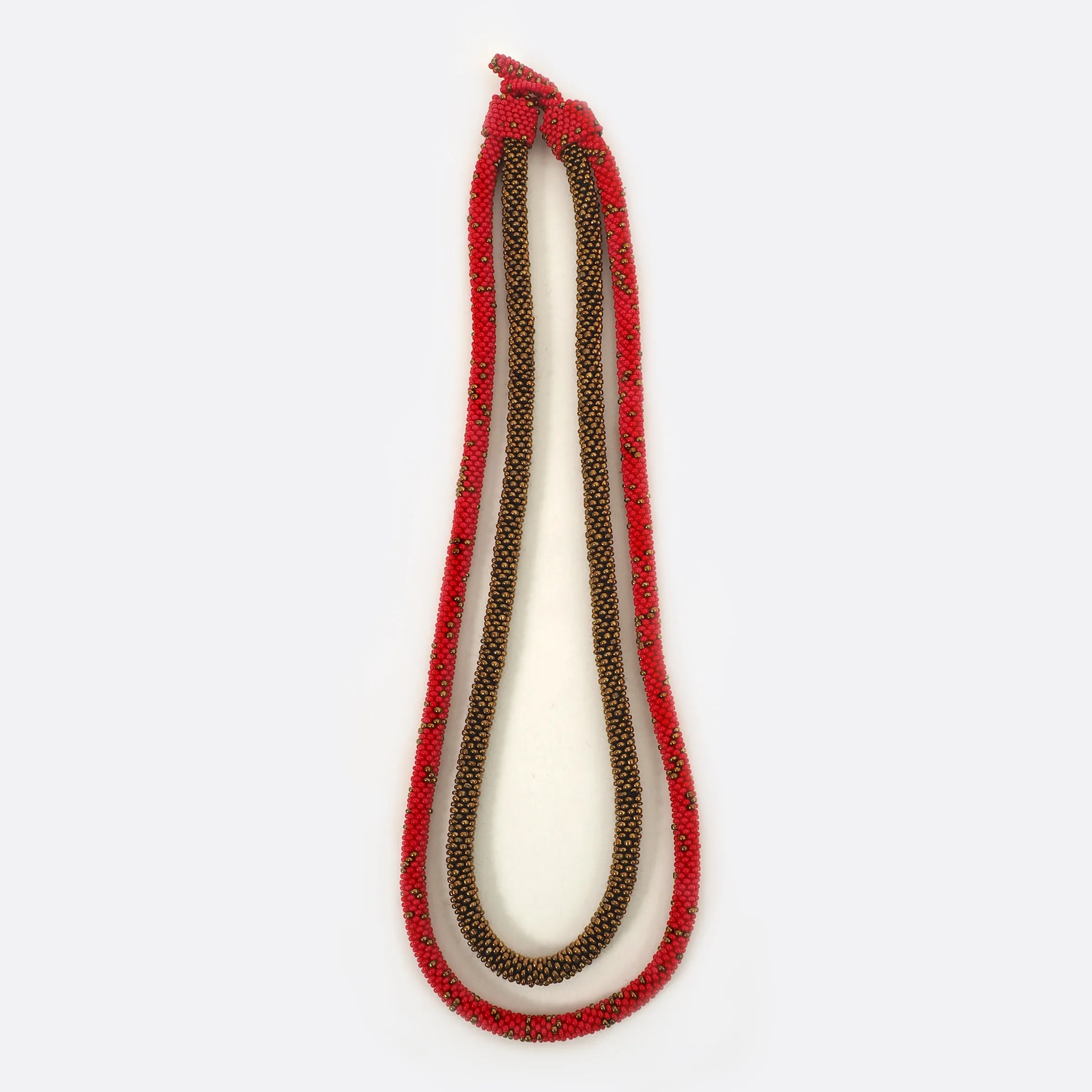 Beaded Double-String Necklace – Red With Golden Dots & Gold