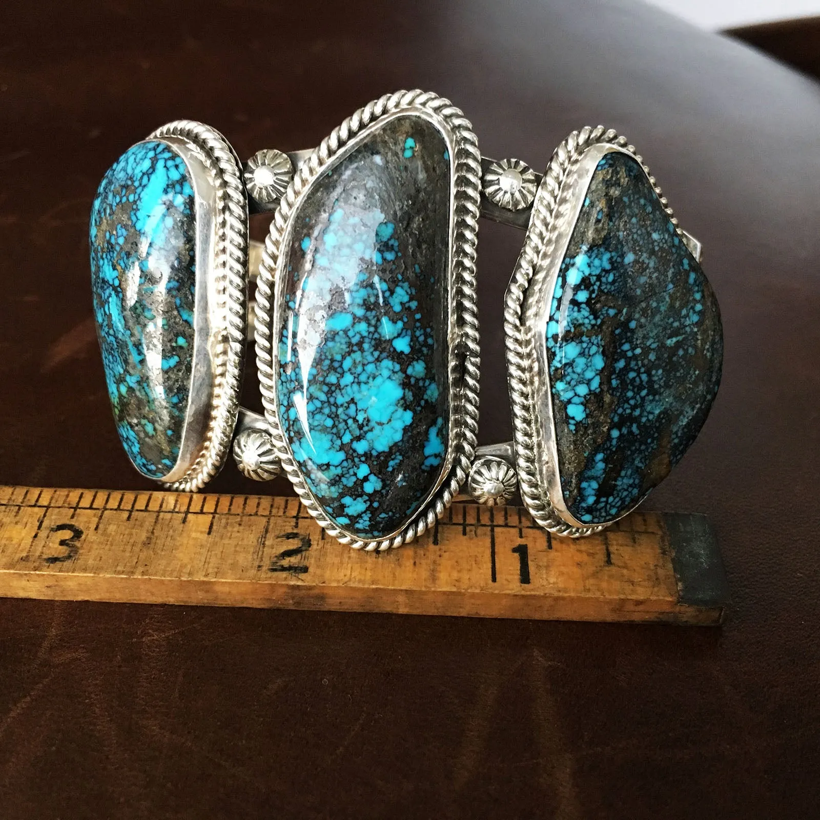 Beautiful Handmade 3 Stone Chinese Hubei Turquoise Sterling Silver Bracelet