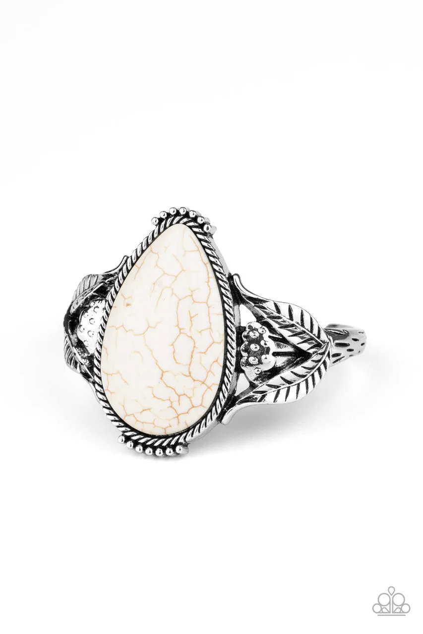 Blooming Oasis - White - Oversized Stone Teardrop Silver Leaf Paparazzi Cuff Bracelet