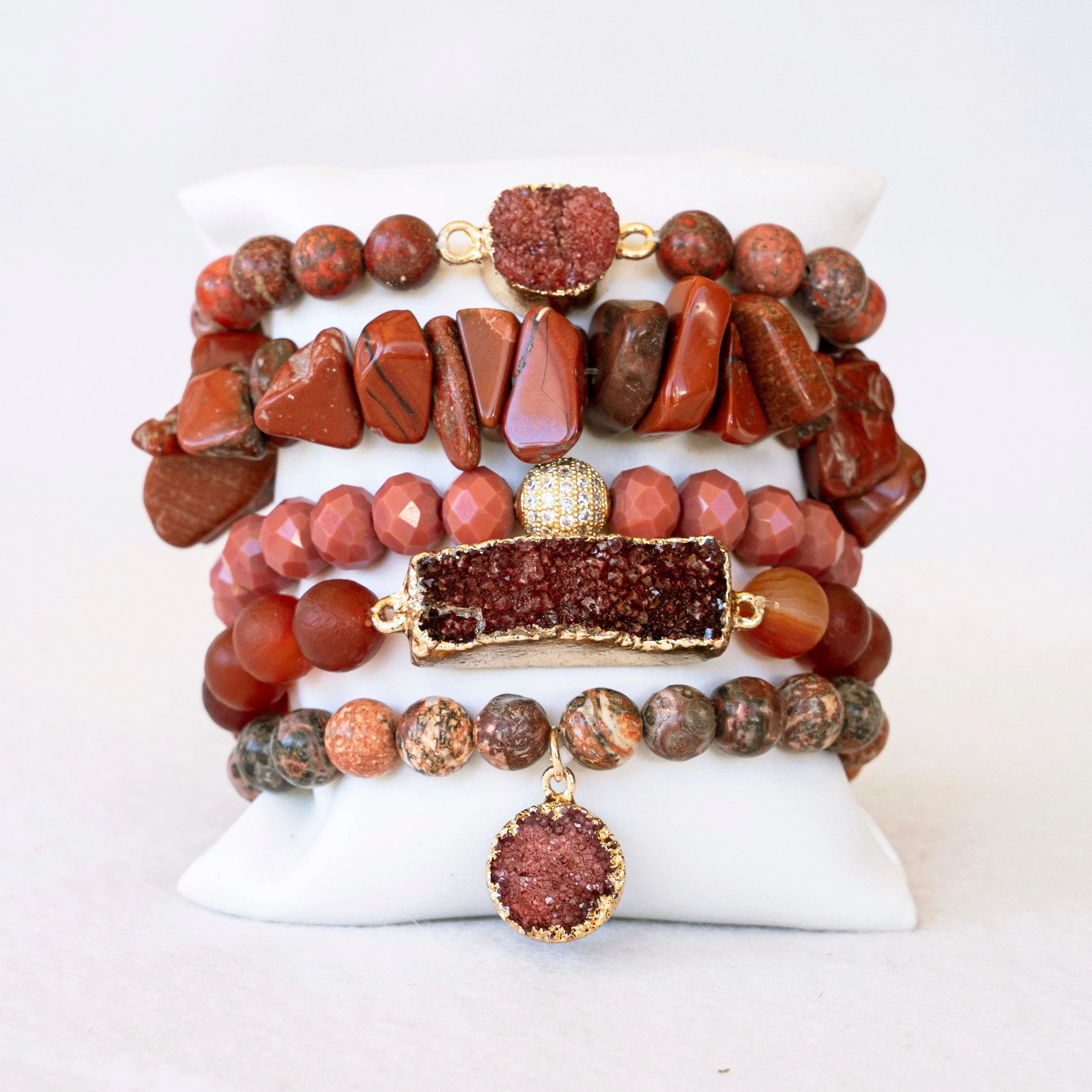 Boho & Mala Red Mix Stone Elastic Bracelet Stackable Sets BS1037