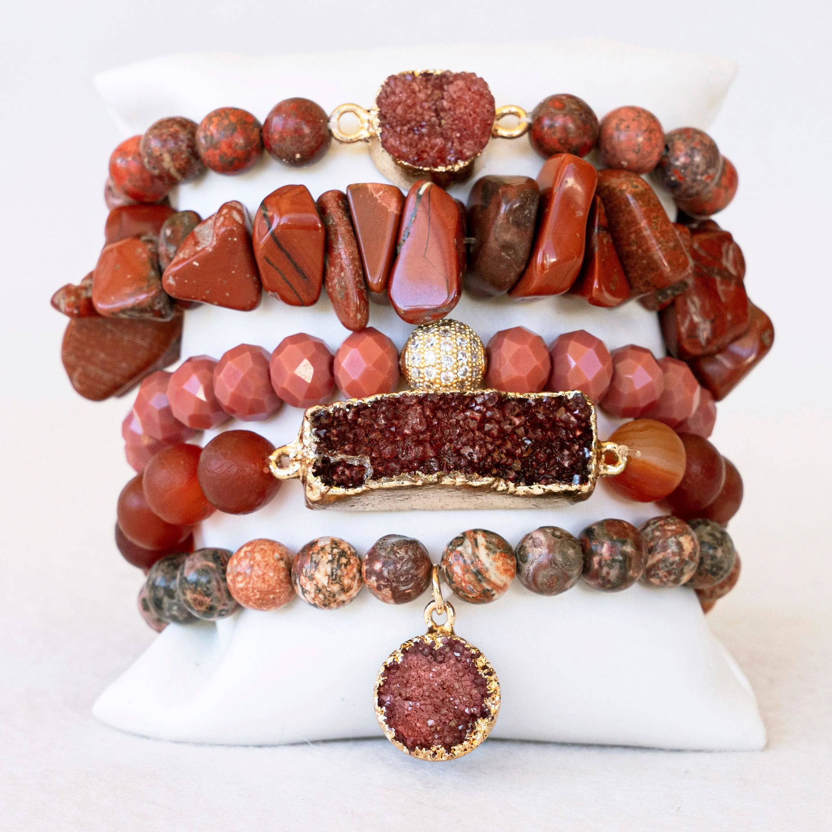 Boho & Mala Red Mix Stone Elastic Bracelet Stackable Sets BS1037