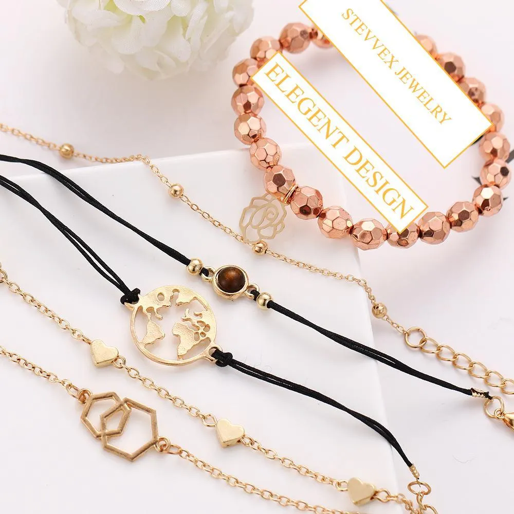 Boho Rose Map Bracelets & Bangles for Women Bohemian Round  Charm Bracelet Set Fashion Multilayer Accessories Luxury Jewelry