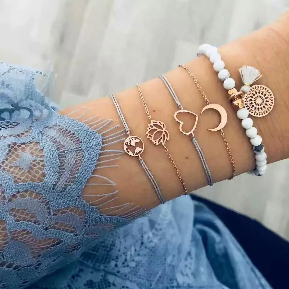 Boho Rose Map Bracelets & Bangles for Women Bohemian Round  Charm Bracelet Set Fashion Multilayer Accessories Luxury Jewelry