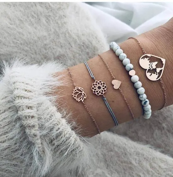 Boho Rose Map Bracelets & Bangles for Women Bohemian Round  Charm Bracelet Set Fashion Multilayer Accessories Luxury Jewelry