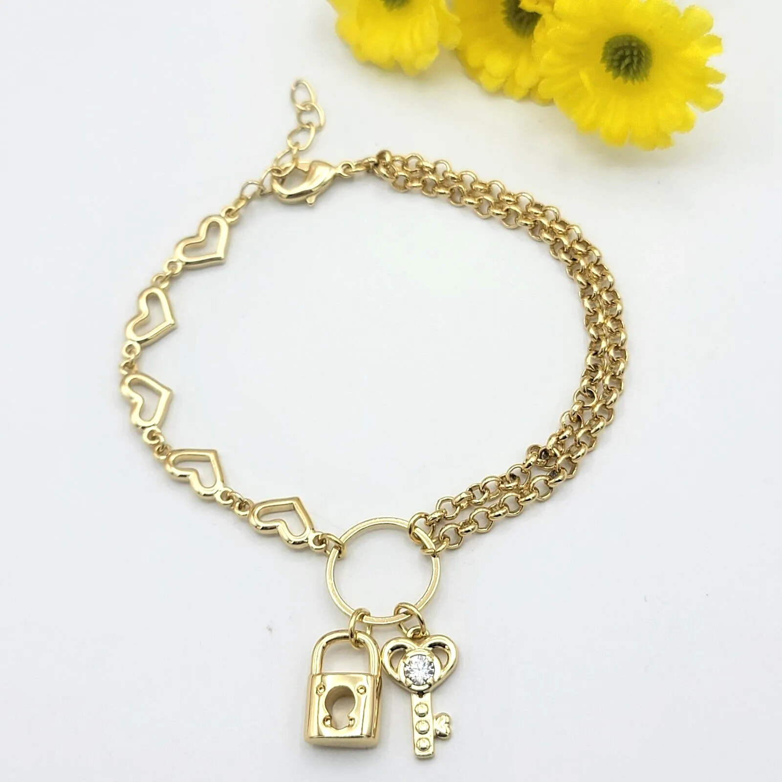 Bracelets - 14K Gold Plated. Padlock & Key Charms Hearts & Double Chain Bracelet Fancy Unique