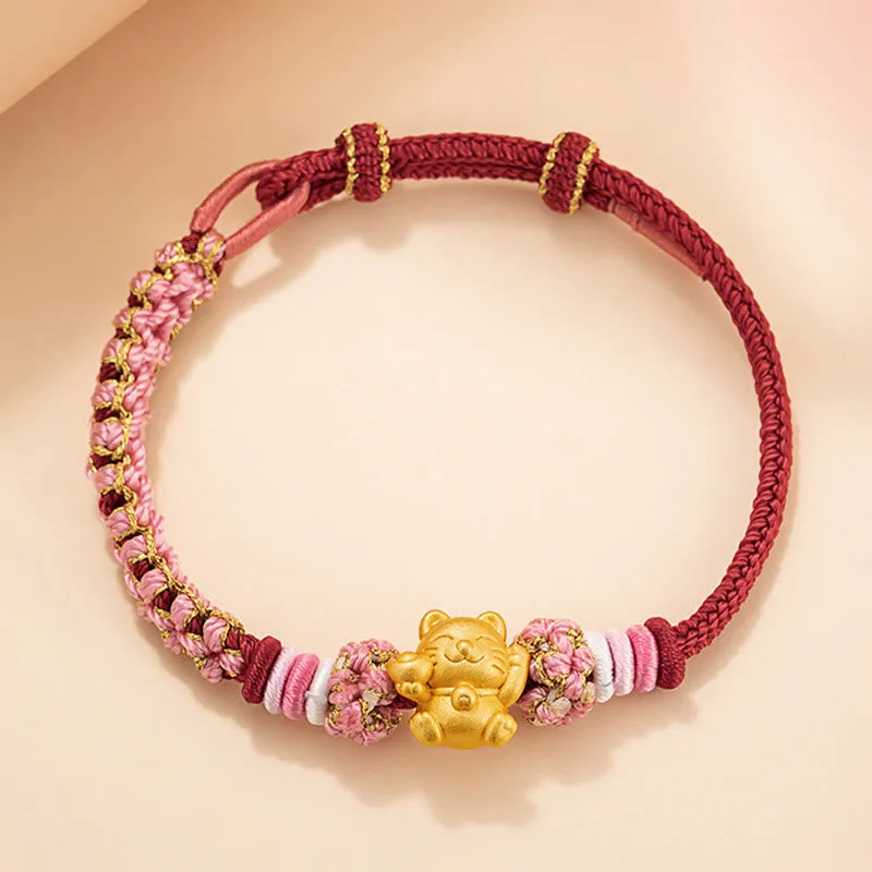 Buddha Stones Handmade 999 Sterling Silver Fortune Cat Ingot Peach Blossom Luck Red Rope Bracelet
