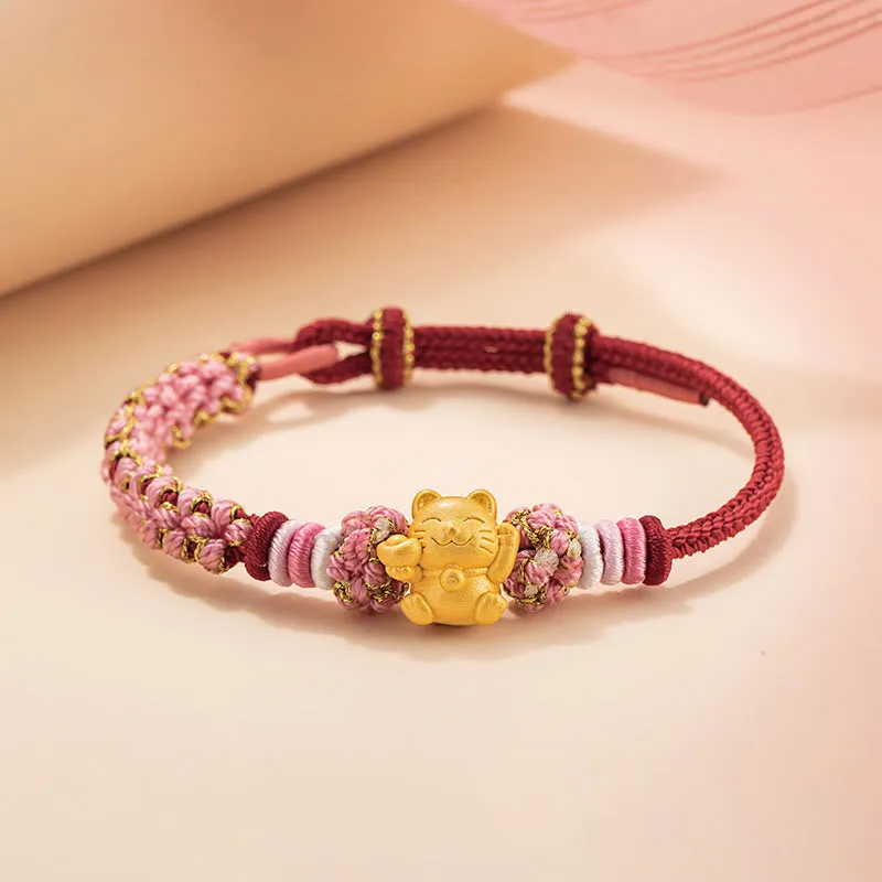 Buddha Stones Handmade 999 Sterling Silver Fortune Cat Ingot Peach Blossom Luck Red Rope Bracelet