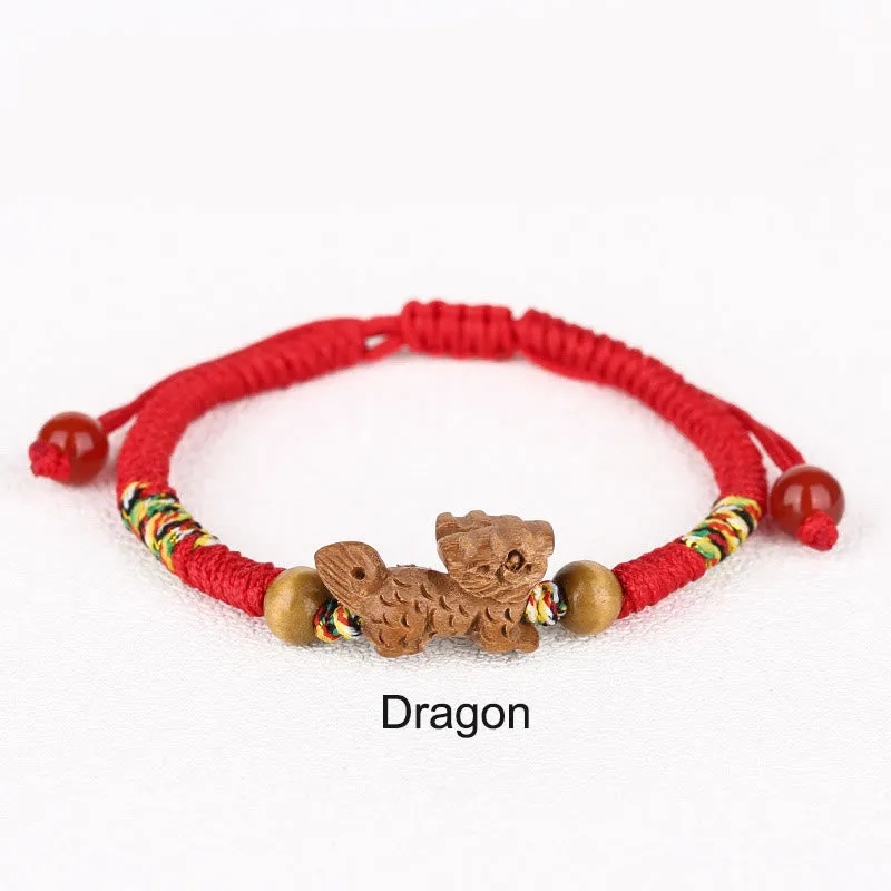 Buddha Stones Handmade Chinese Zodiac Red String Peach Wood Luck Bracelet