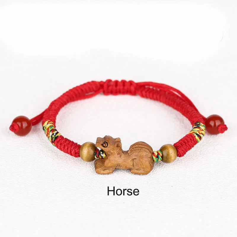 Buddha Stones Handmade Chinese Zodiac Red String Peach Wood Luck Bracelet