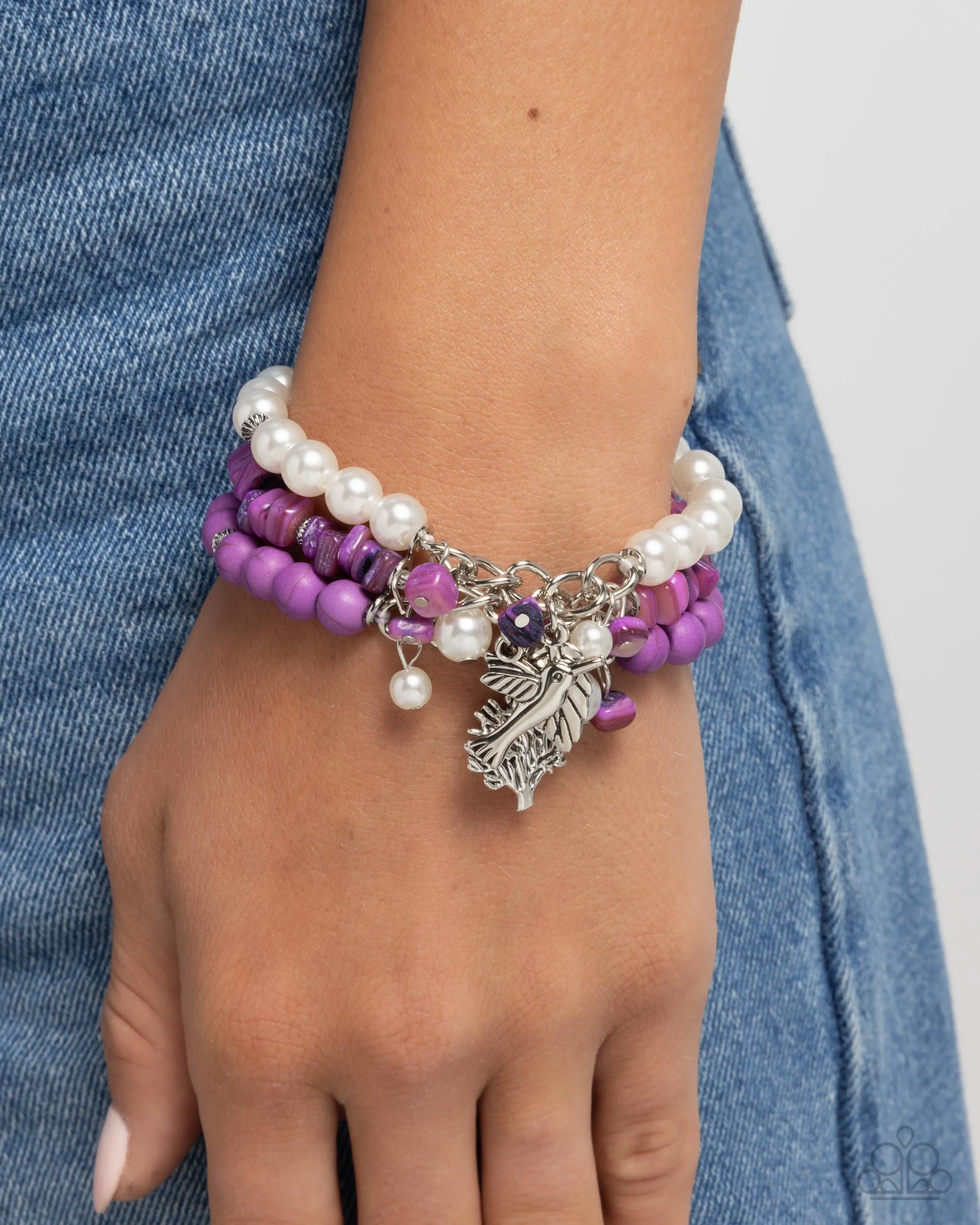 Canyonland Color - Purple - Stone Bead White Pearl Tree Charm Paparazzi Stretchy Bracelet