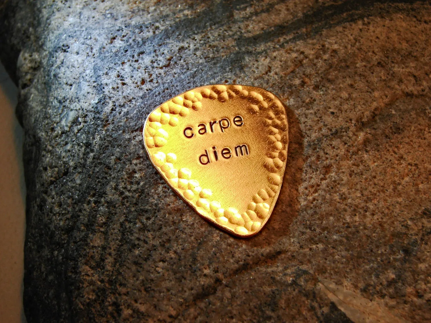 Carpe diem guitar pick with hammered edges in bronze