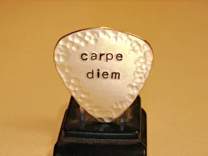 Carpe diem guitar pick with hammered edges in bronze