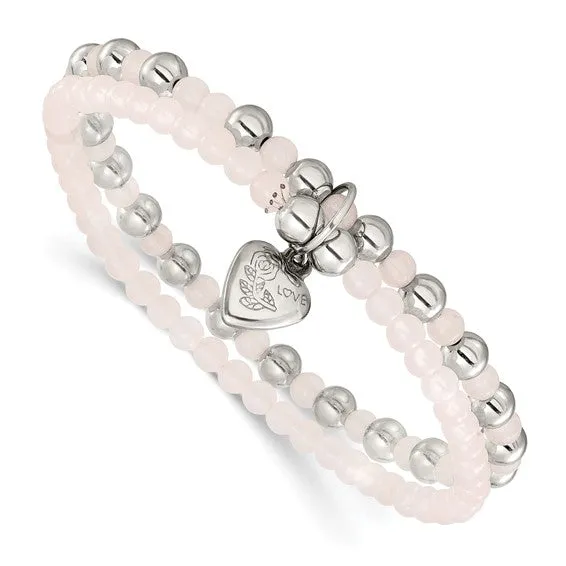 Chisel Stainless Steel Puffed Heart Pink Rose Quartz Stretch Bracelet