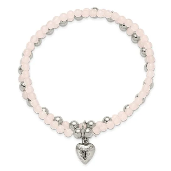 Chisel Stainless Steel Puffed Heart Pink Rose Quartz Stretch Bracelet