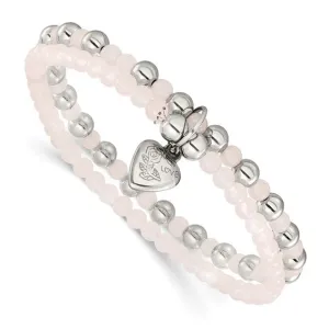 Chisel Stainless Steel Puffed Heart Pink Rose Quartz Stretch Bracelet