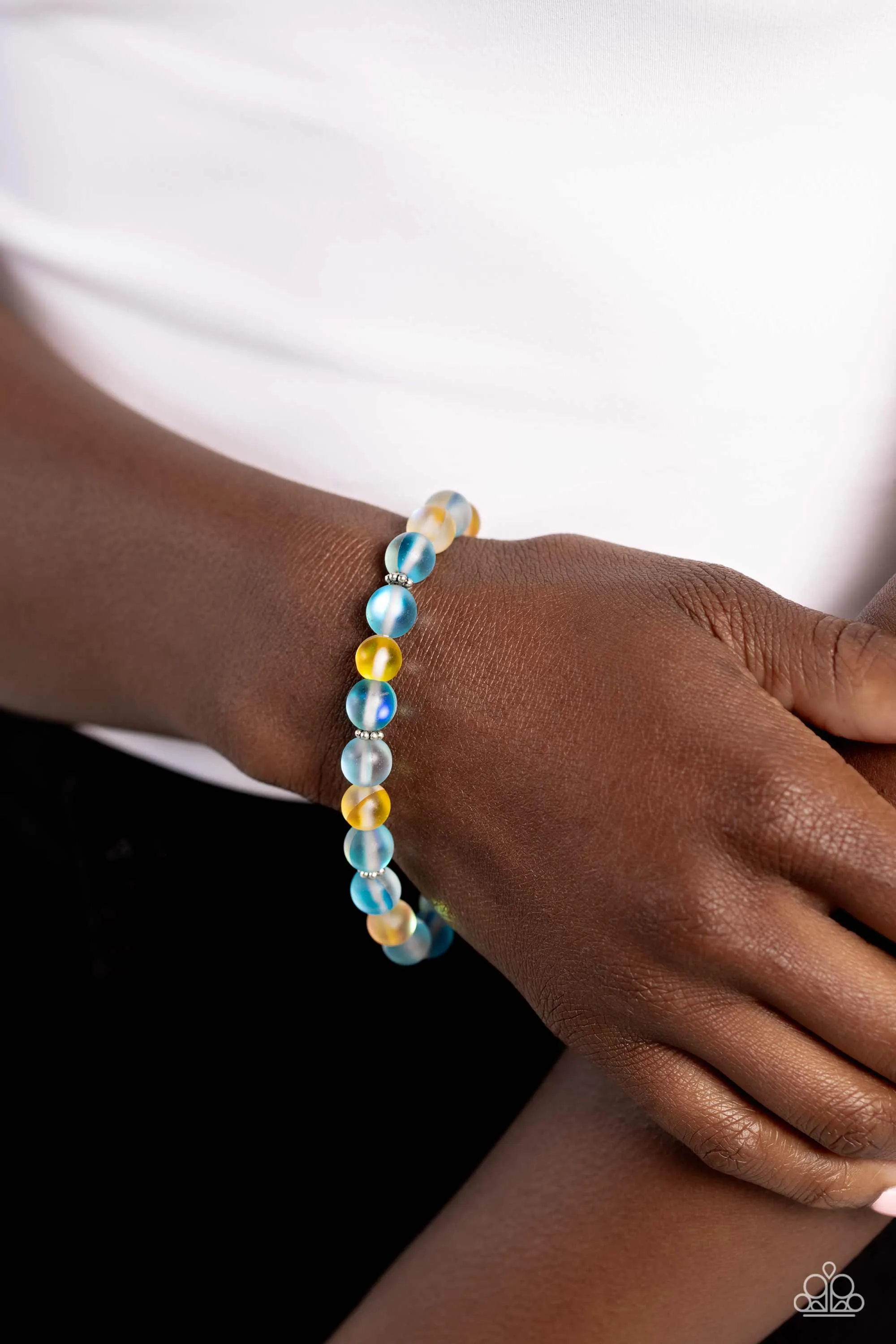 Clear Craze - Blue - Stone and Silver Floral Bead Paparazzi Stretchy Bracelet