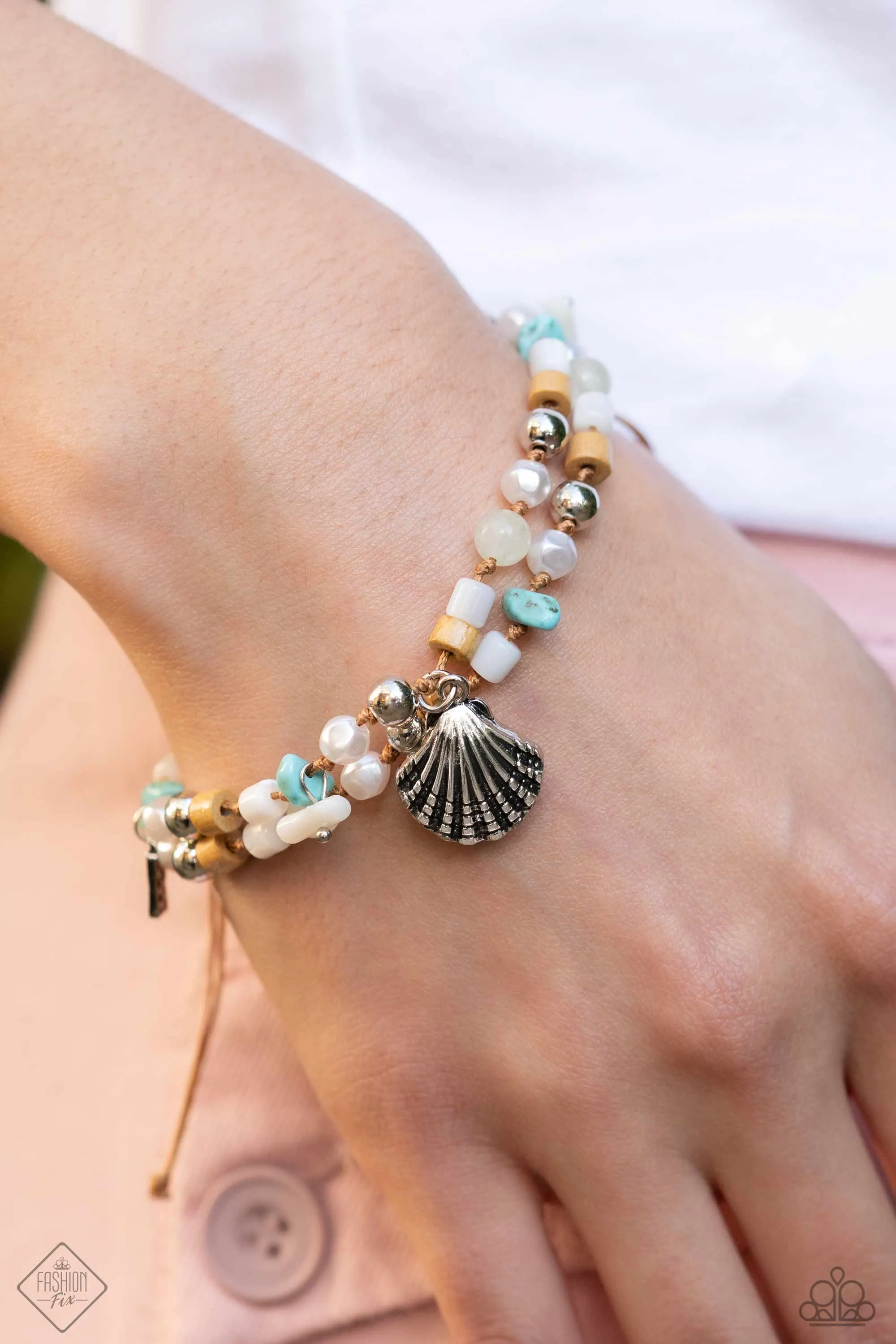 Coastline Celebration - Multi - Turquoise Stone, White Seed Bead, Seashell Paparazzi Pull-Cord Bracelet - March 2024 Simply Santa Fe