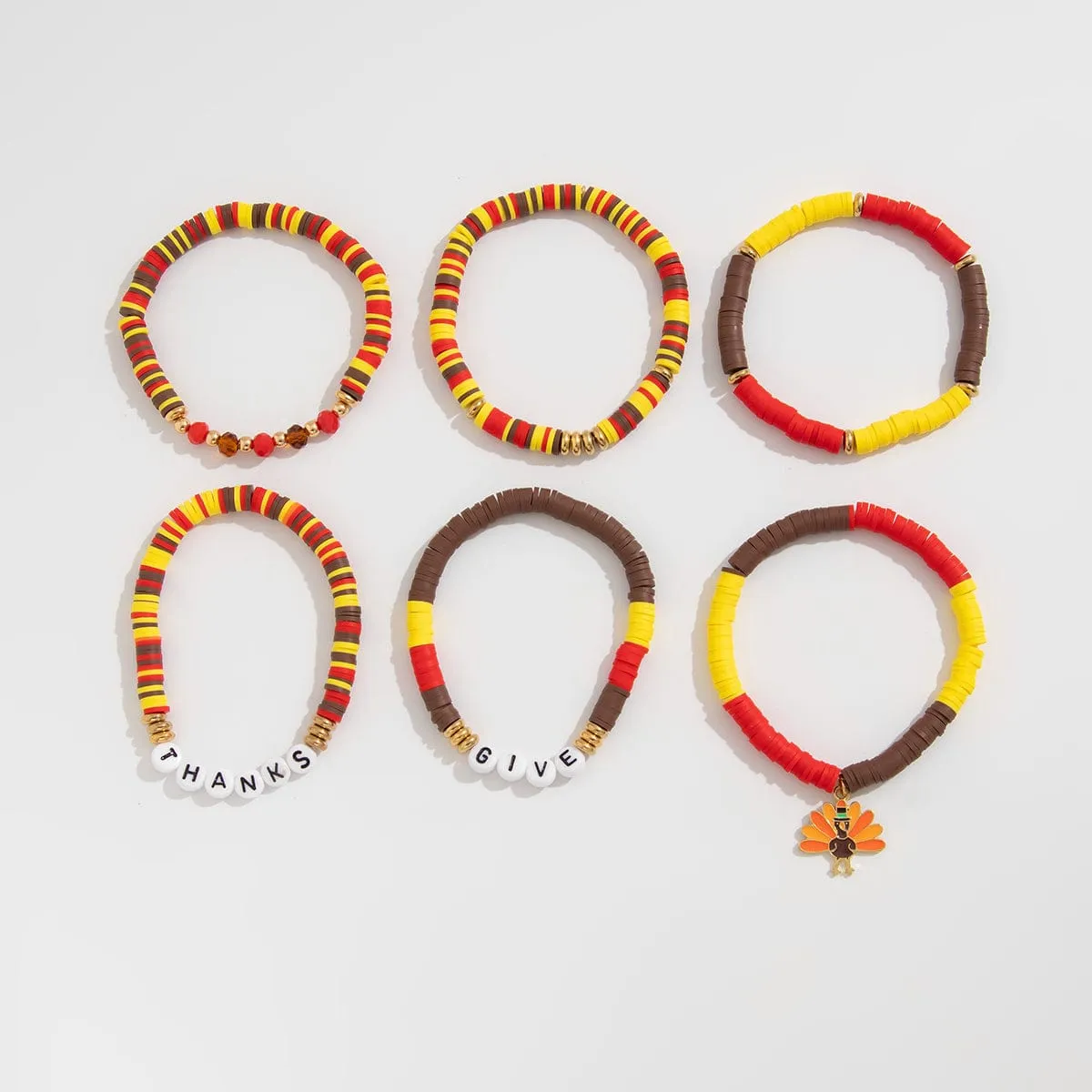 Colorful Thanksgiving Theme Turkey Charm Polymer Clay Letter Beaded Bracelet Set