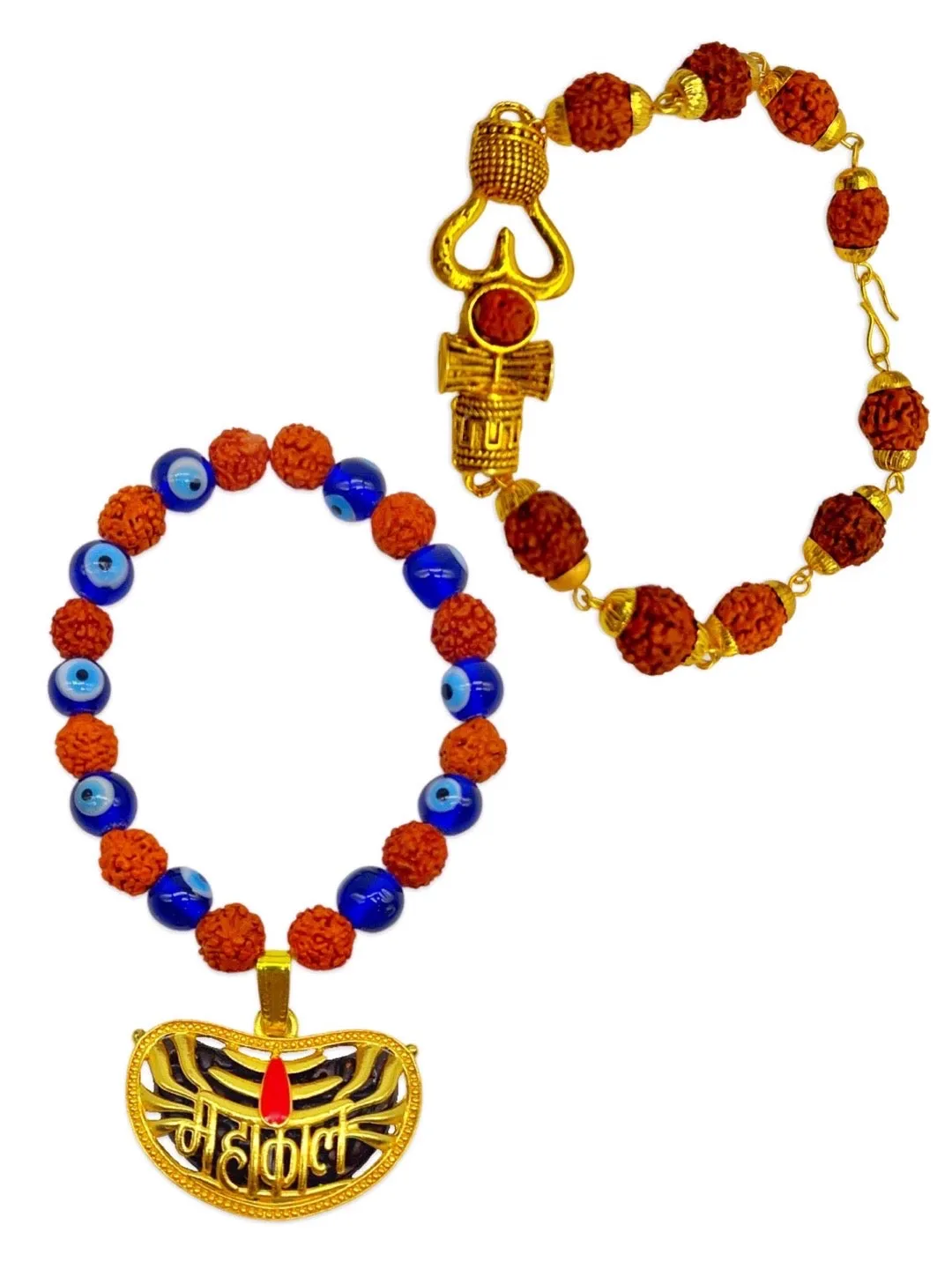 (Combo of 2) Designer Rudraksha & Evil Eye Men's Bracelets With Trishul & MAHAKAL Pendant For Men