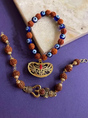 (Combo of 2) Designer Rudraksha & Evil Eye Men's Bracelets With Trishul & MAHAKAL Pendant For Men
