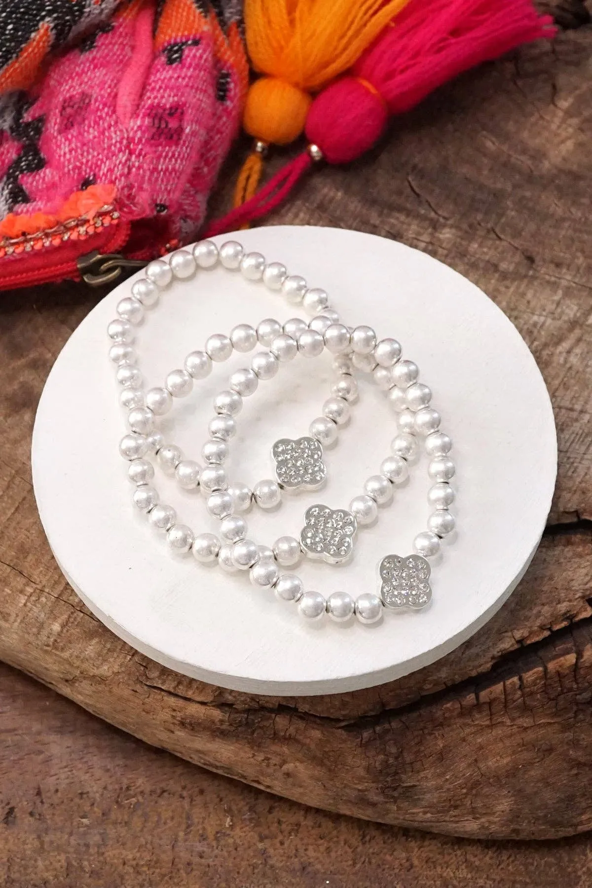 Crystal Clover ball beads bracelets stack Worn Silver tone