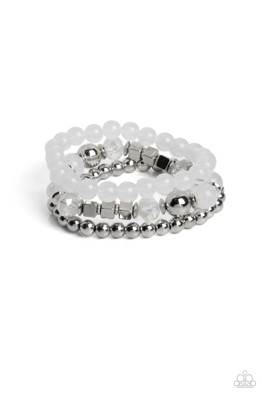 CUBE Your Enthusiasm - White - Opaque and Crystal Bead Silver Paparazzi Stretchy Bracelet