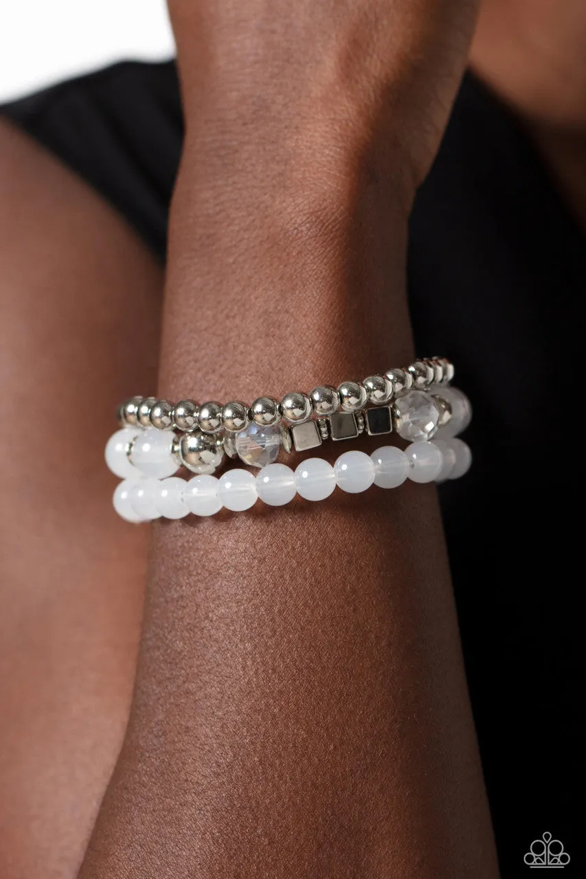 CUBE Your Enthusiasm - White - Opaque and Crystal Bead Silver Paparazzi Stretchy Bracelet