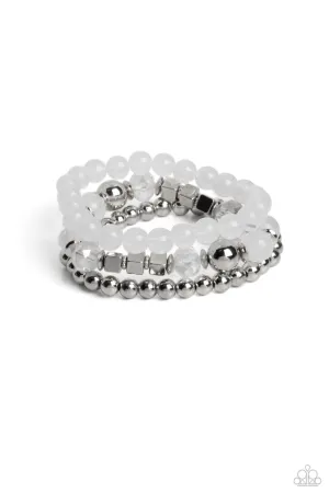CUBE Your Enthusiasm - White - Opaque and Crystal Bead Silver Paparazzi Stretchy Bracelet