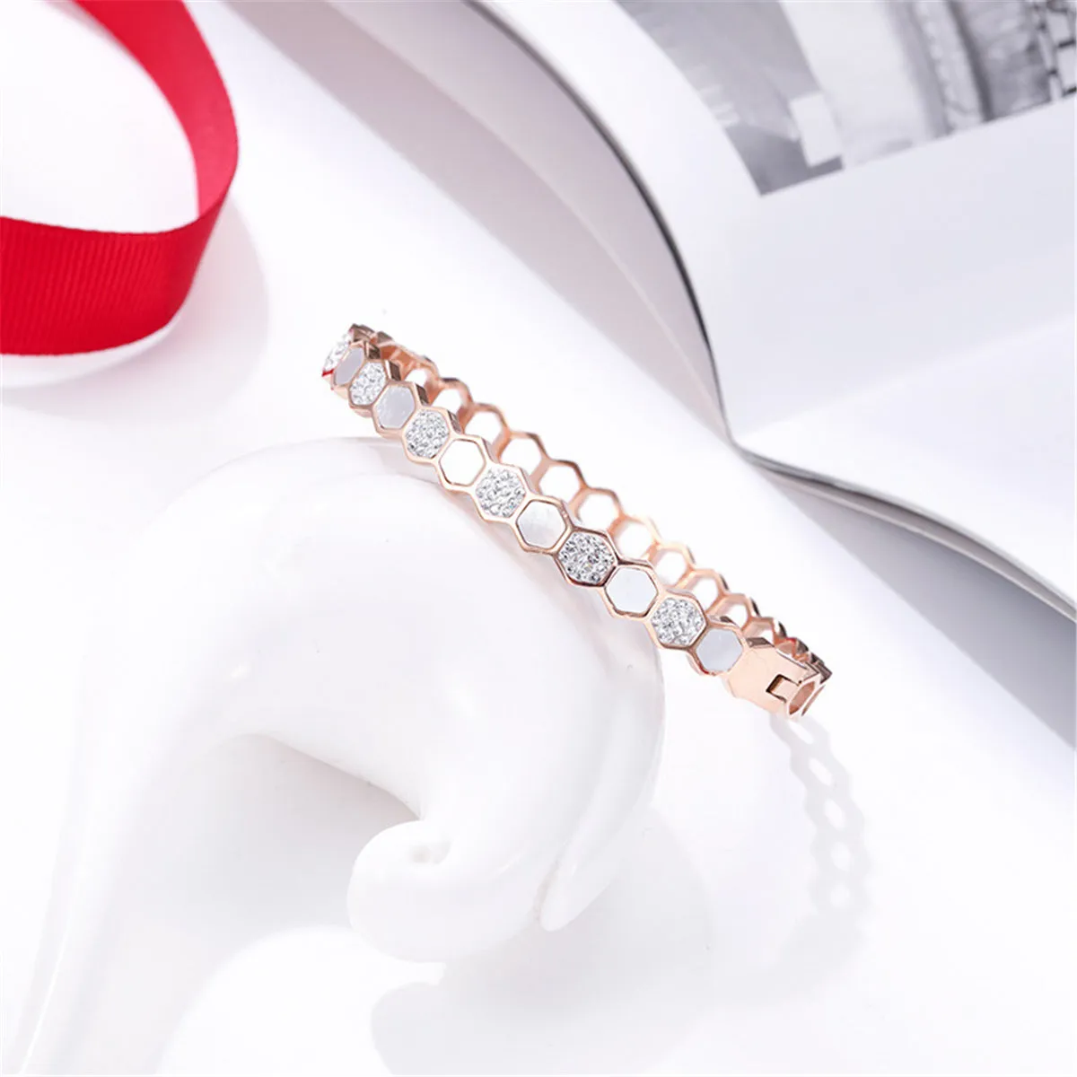 Cubic Zirconia & Shell Honeycomb Bangle
