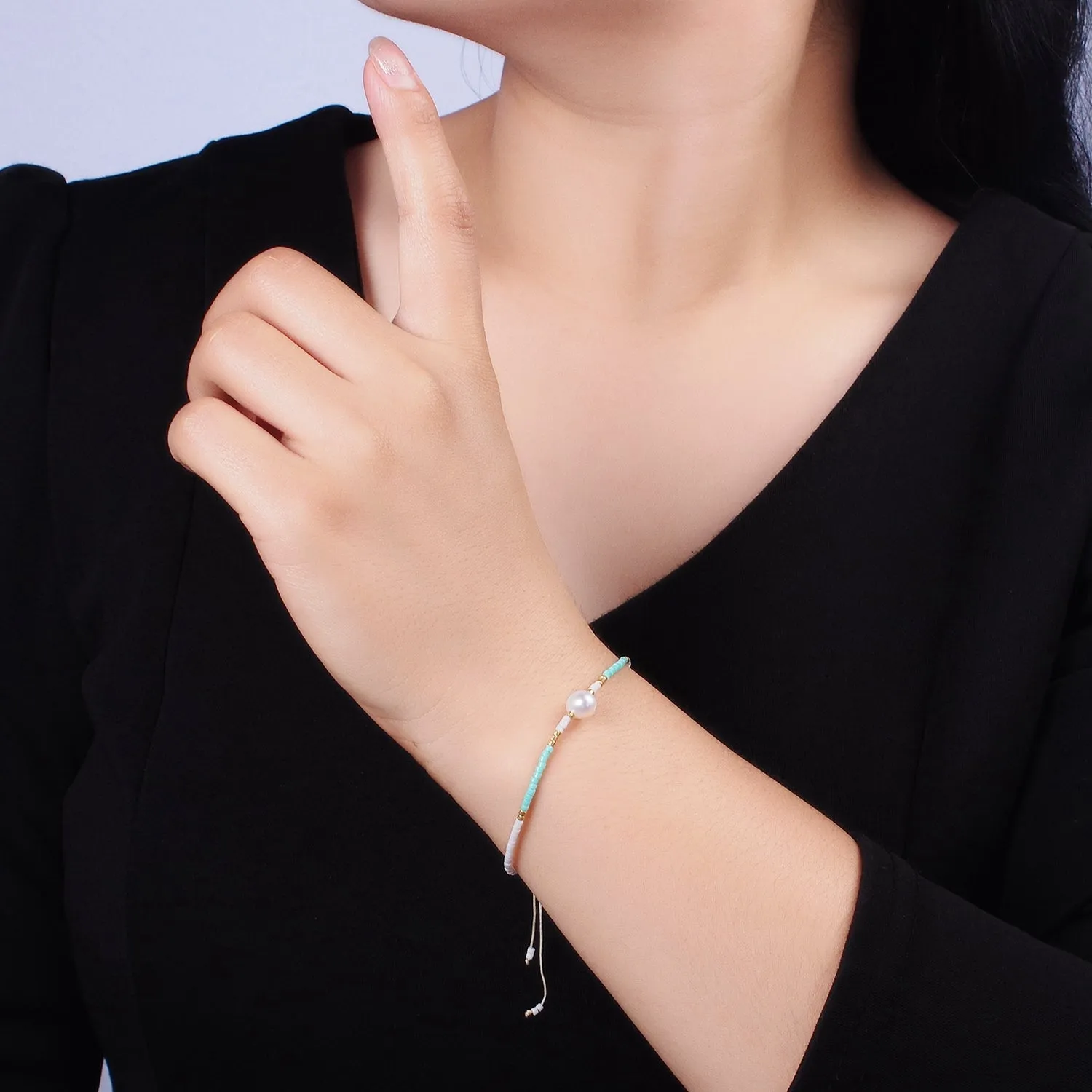 Dainty Shell Pearl Cord Bracelet Turquoise White Gold Cylinder Beaded Adjustable Bracelet WA-2200