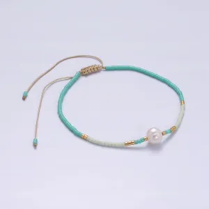 Dainty Shell Pearl Cord Bracelet with Turquoise Gold Cylinder Beaded Adjustable Bracelet WA-2201