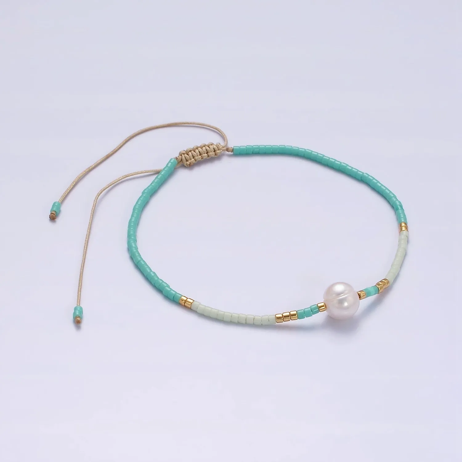 Dainty Shell Pearl Cord Bracelet with Turquoise Gold Cylinder Beaded Adjustable Bracelet WA-2201
