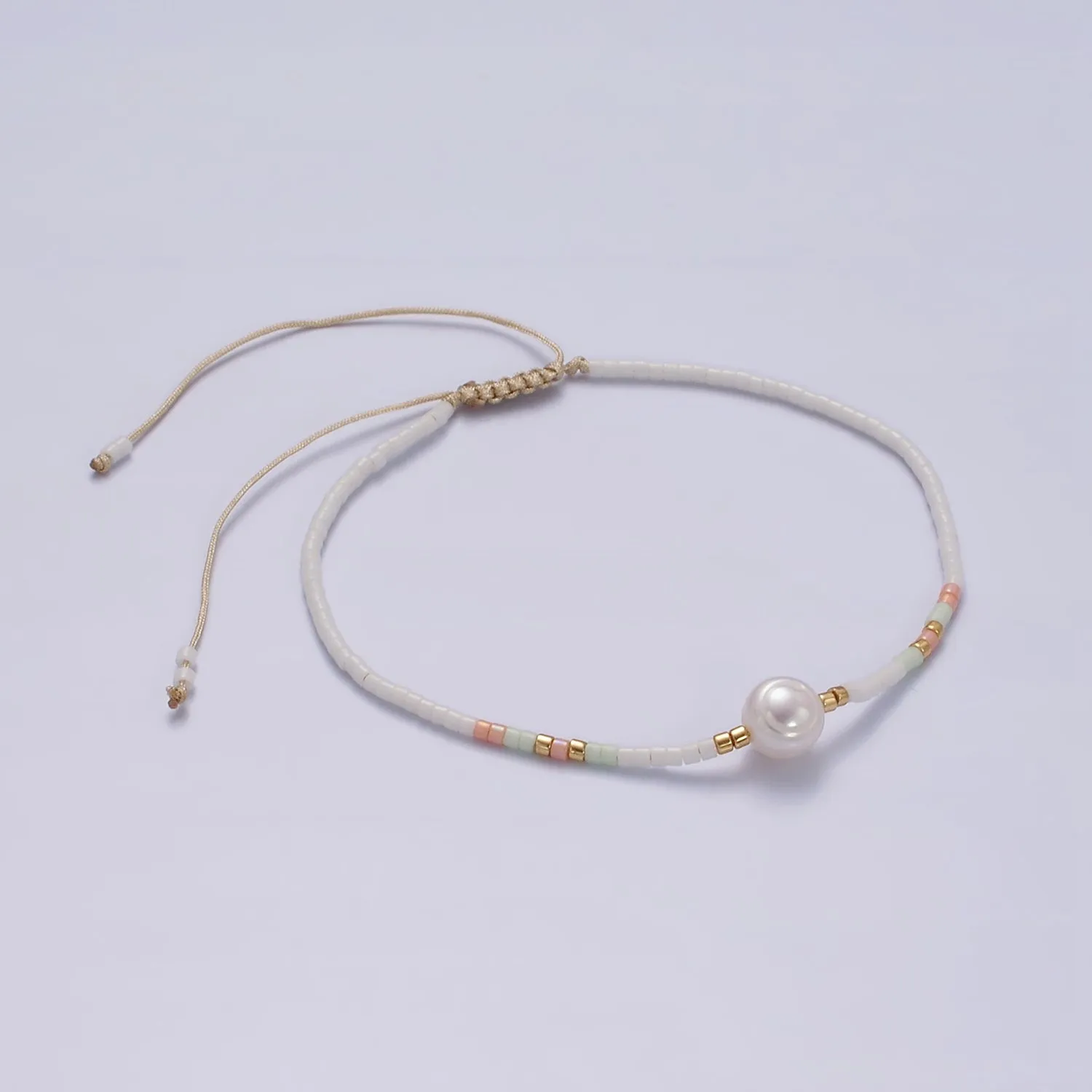 Dainty Shell Pearl Cord Bracelet with White Pink Gold Cylinder Beaded Adjustable Bracelet WA-2199