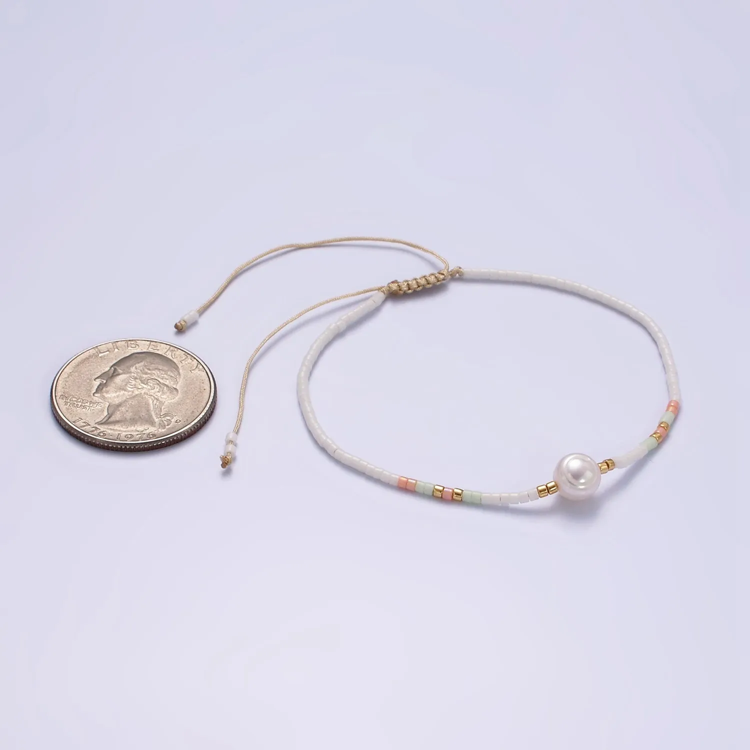Dainty Shell Pearl Cord Bracelet with White Pink Gold Cylinder Beaded Adjustable Bracelet WA-2199