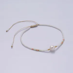 Dainty Shell Pearl Cord Bracelet with White Pink Gold Cylinder Beaded Adjustable Bracelet WA-2199