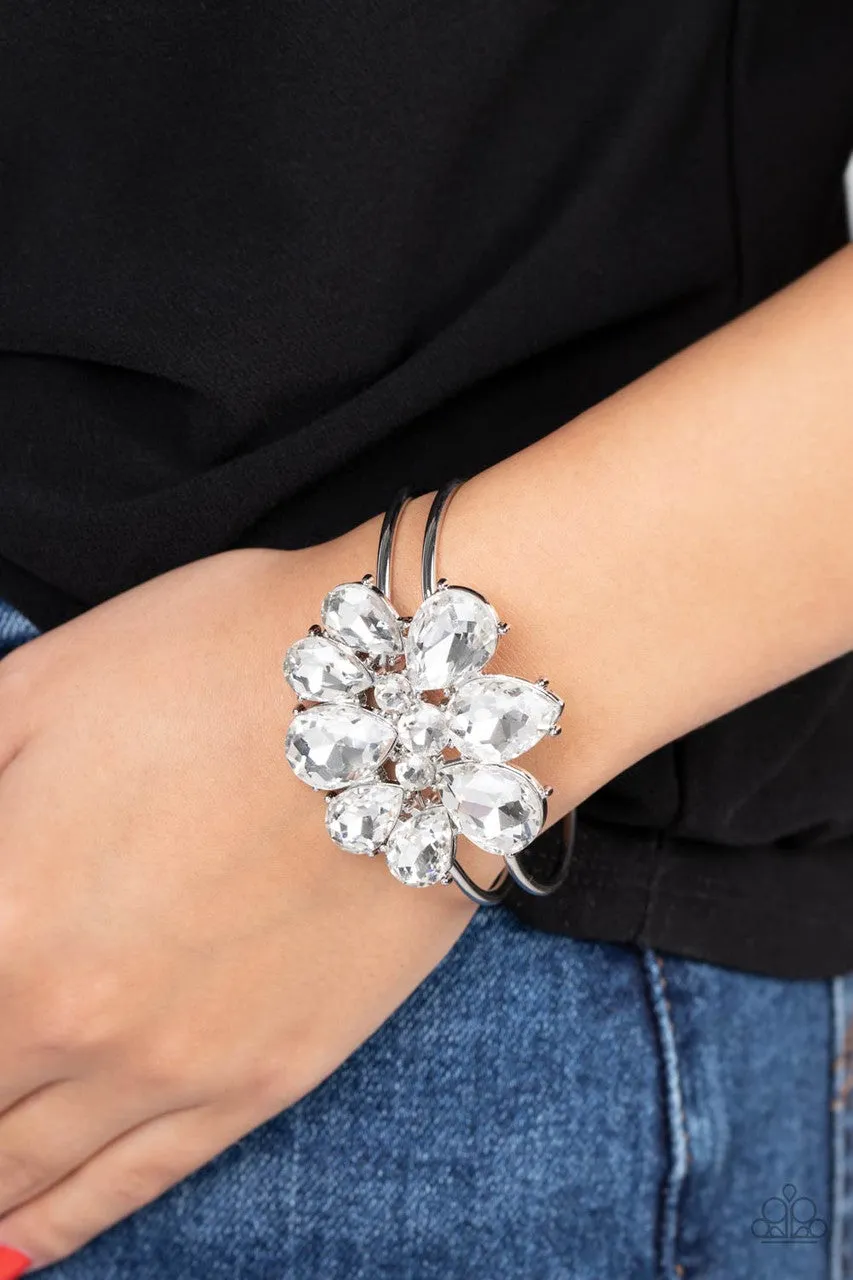DAUNTLESS is More - White - Gem Flower Silver Paparazzi Hinge Bracelet