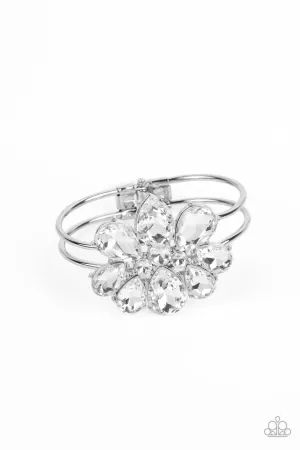 DAUNTLESS is More - White - Gem Flower Silver Paparazzi Hinge Bracelet