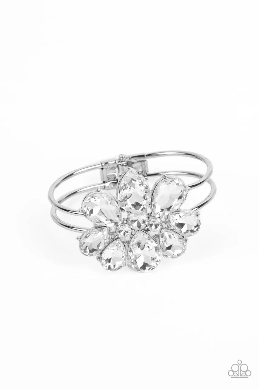 DAUNTLESS is More - White - Gem Flower Silver Paparazzi Hinge Bracelet