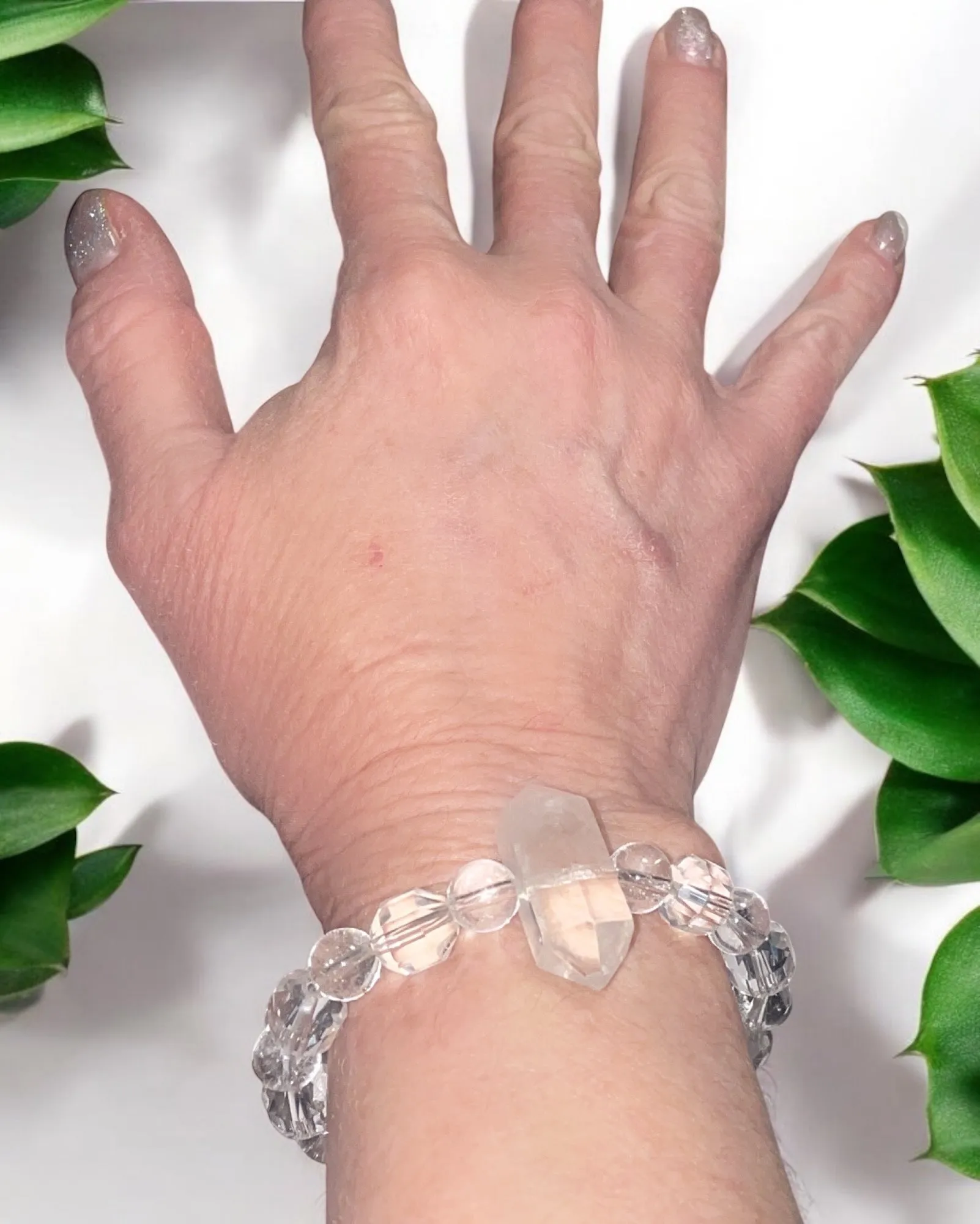 Double Point Clear Quartz Beaded Stretch Bracelet