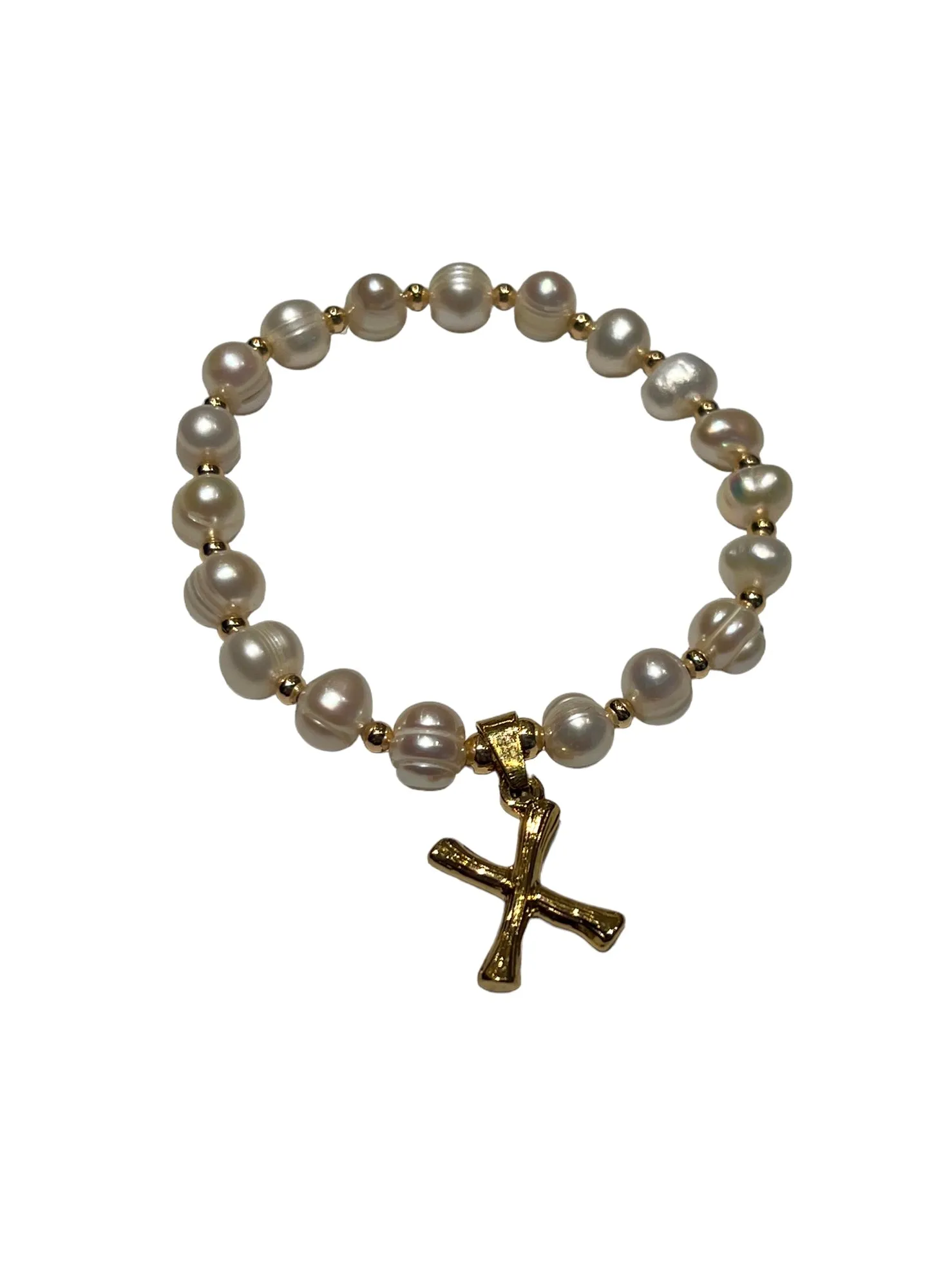 E-HC DESIGNS- Letter Initial Pearl-Gold Elastic Bracelet