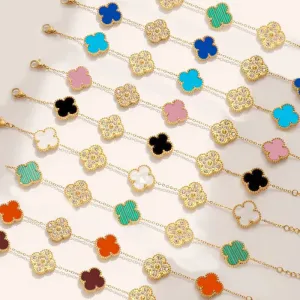 Elegant Four Leaf Clover 304 Stainless Steel 18K Gold Plated Rhinestones Shell Cable Chain Bracelet