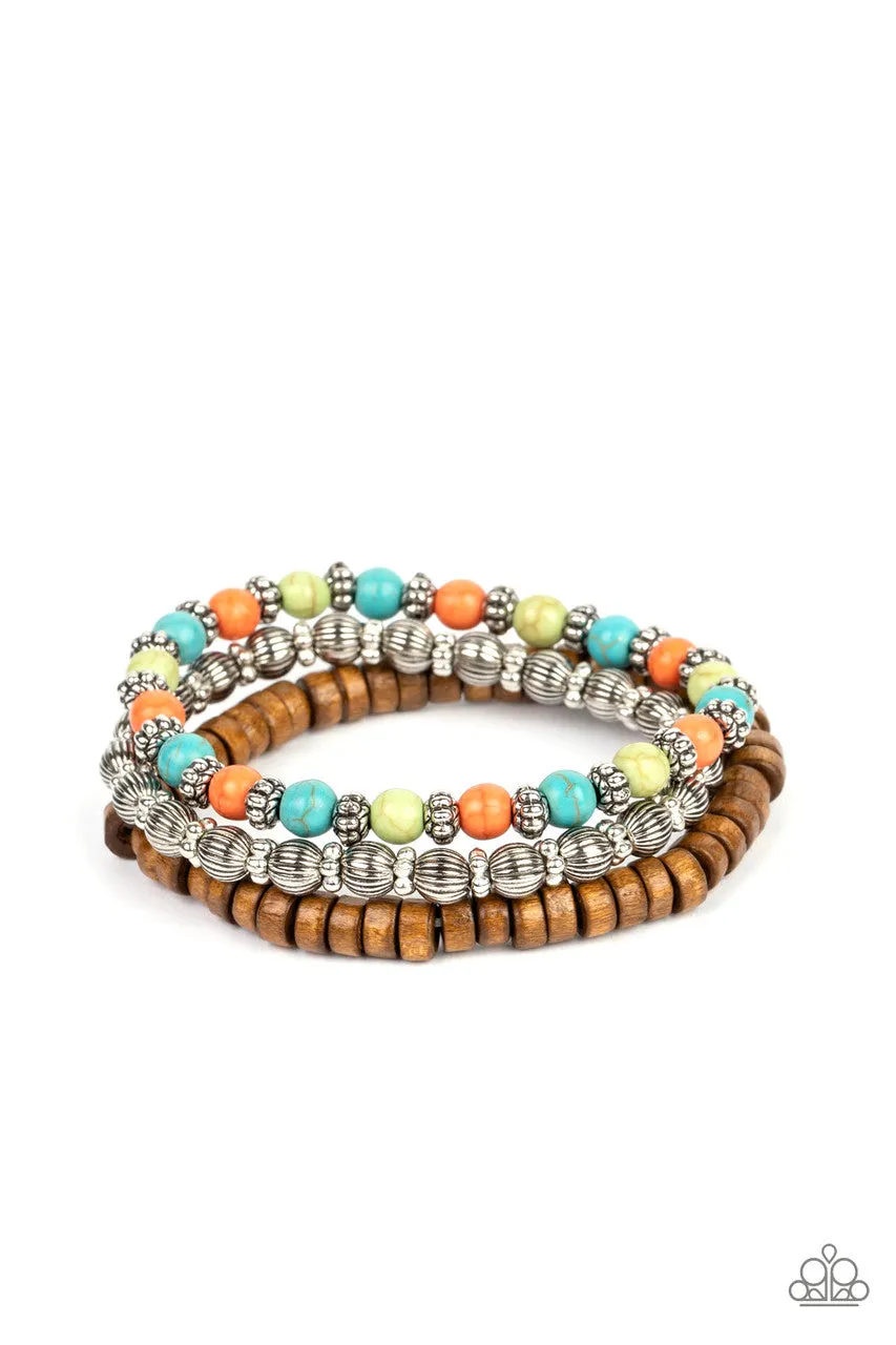 ESCAPADE Route - Multi - Orange, Blue, GreenStone, Wood, Silver Paparazzi Stretchy Bracelet