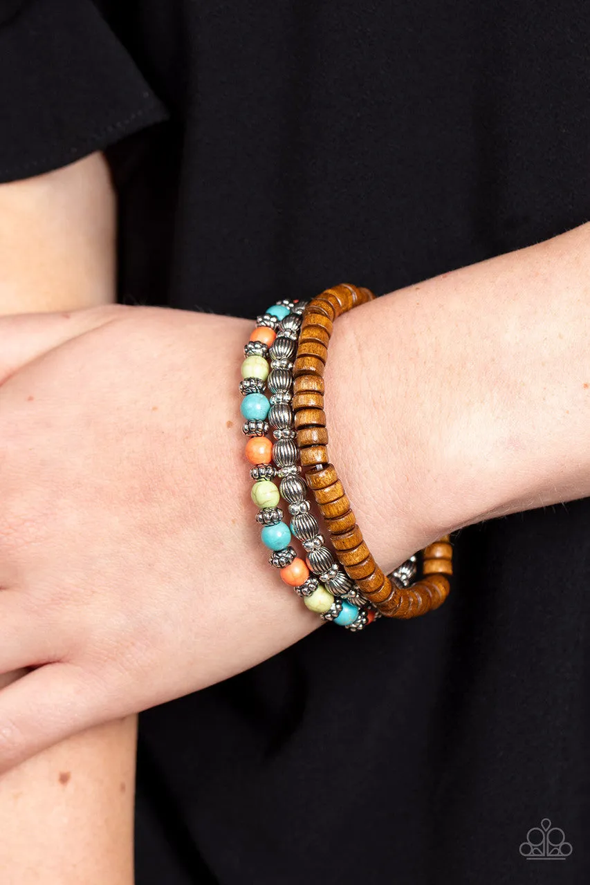 ESCAPADE Route - Multi - Orange, Blue, GreenStone, Wood, Silver Paparazzi Stretchy Bracelet