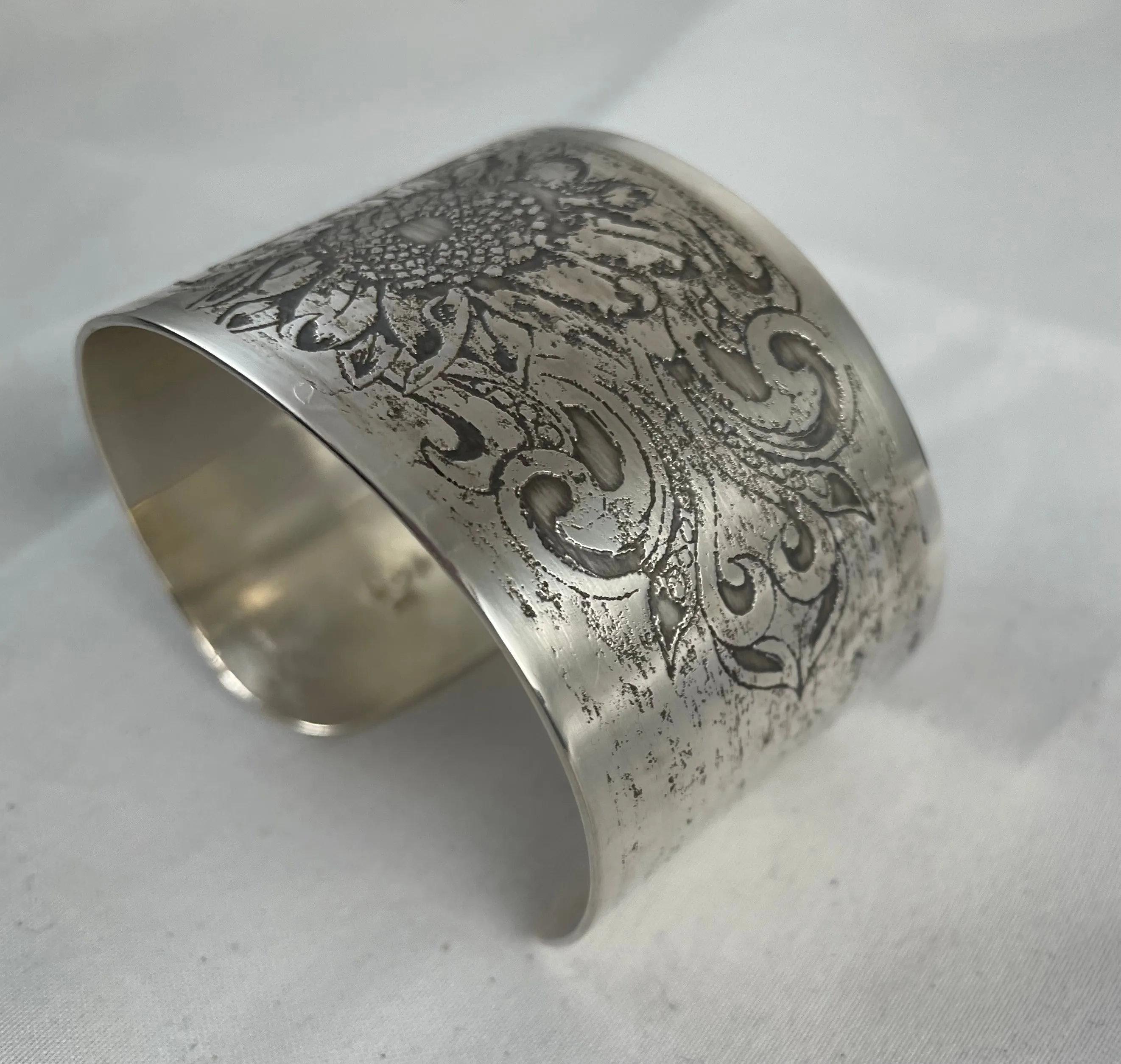 Etched Sterling Silver Cuff Bracelet - Sunflower