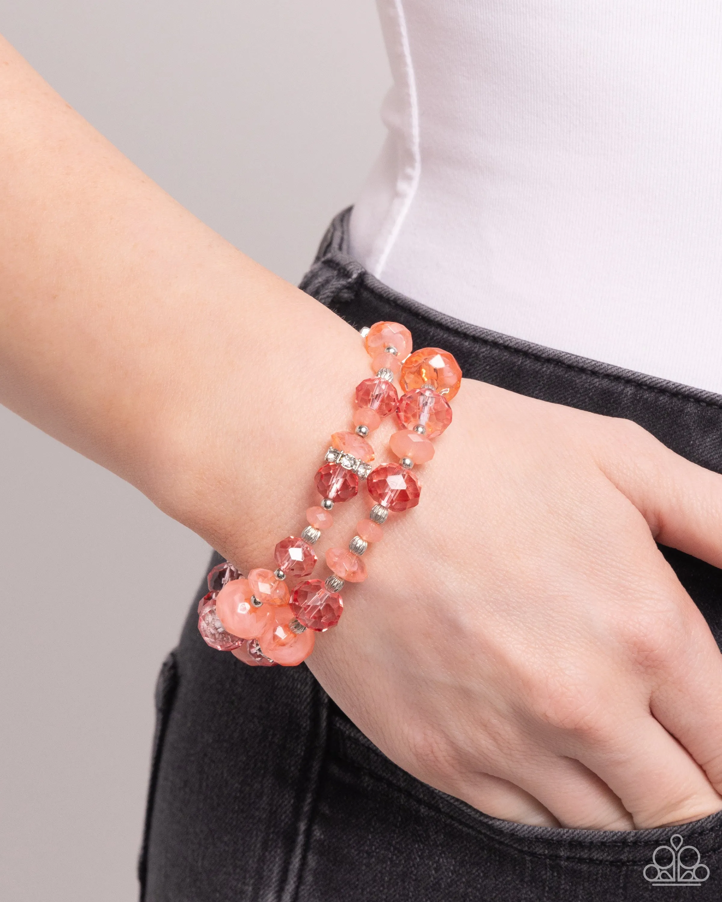 Faceted Fairy Tale - Orange - Bead and White Rhinestone Paparazzi Stretchy Bracelet