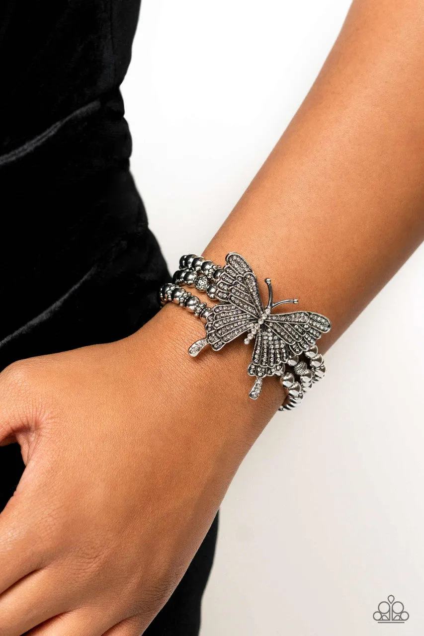 First WINGS First - White - Oversized Rhinestone Butterfly Paparazzi Stretchy Bracelet - 2023 Empower Me Pink Exclusive
